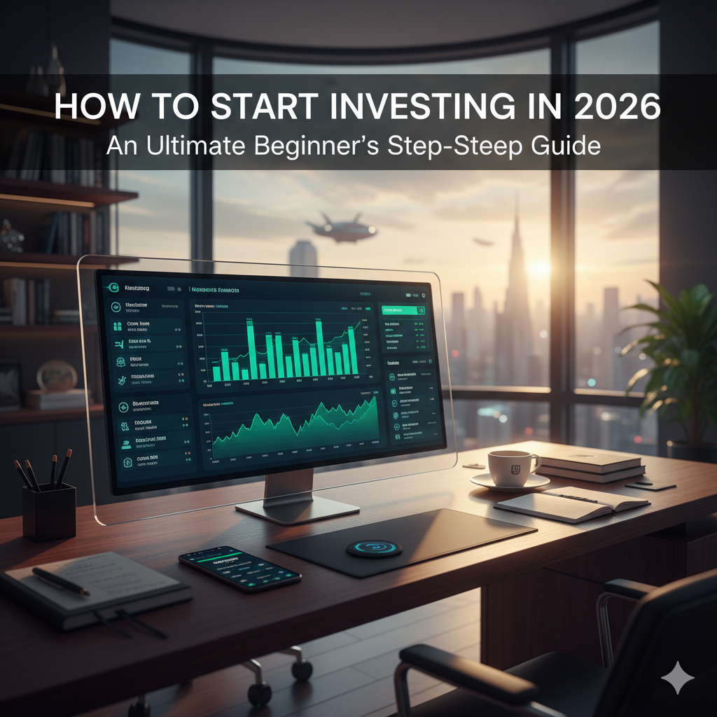 A person walks along a winding path toward a city skyline at sunset, with stock chart symbols embedded in the path and investment-themed objects such as ETF signs, index fund books, coins, and an upward market arrow placed along the journey.